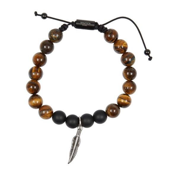 NAUTICA Tiger Eye Beaded Feather Charm‎ Bracelet, Uni Sex, Brown/Black, NWT - Picture 2 of 15